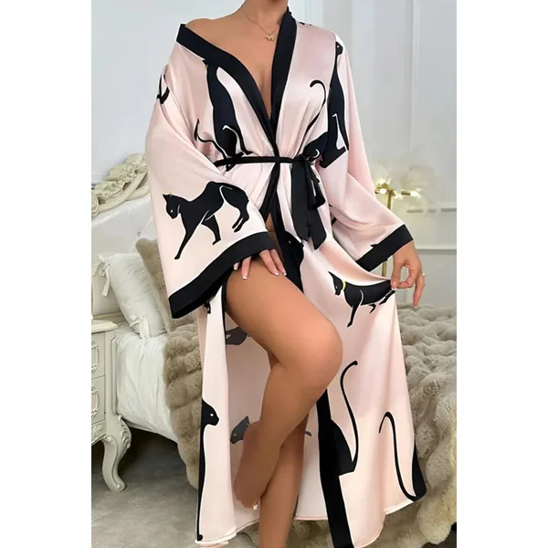 Satin Kimono Robe with Black Cat Print