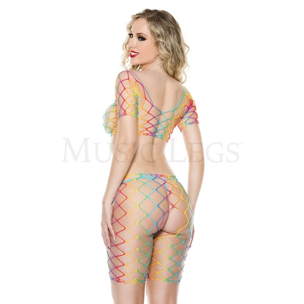 Scoop neckline short sleeve fence net crop top with mid thigh length open crotch shorts