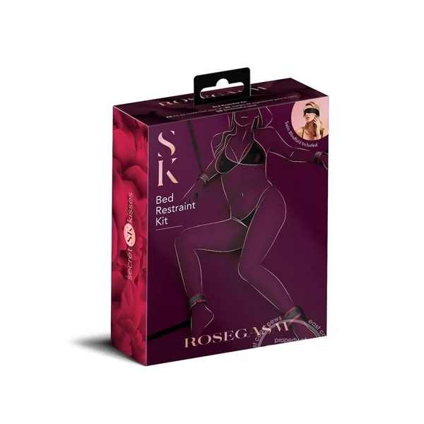 Secret Kisses Rosegasm Bed Restraint Kit with Satin Blindfold - Red/Black