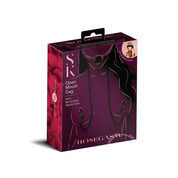 Secret Kisses Rosegasm Open Mouth Gag with Nipple Clips and Satin Blindfold - Red/Black