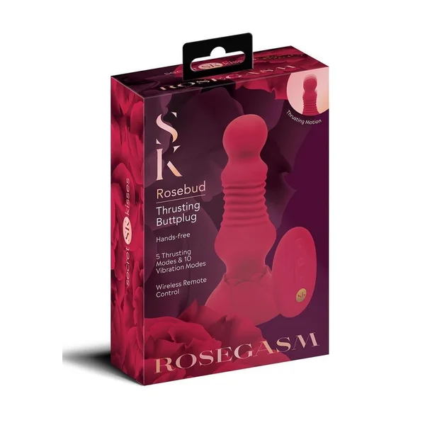 Secret Kisses Thrusting Rechargeable Silicone Rosebud Buttplug with Remote Control - Red