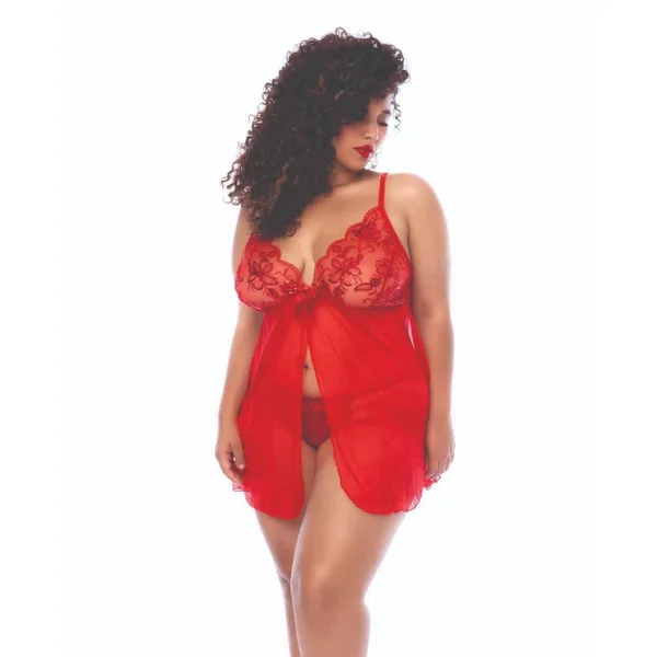 Sequin Embellished Babydoll w/G-String - Red 3X/4X