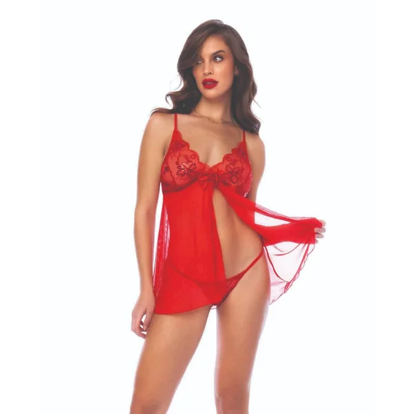 Sequin Embellished Babydoll w/G-String - Red L/XL