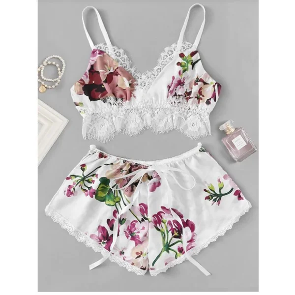 Sexy 2 Piece Floral Bra and Shorts Lingerie Set White