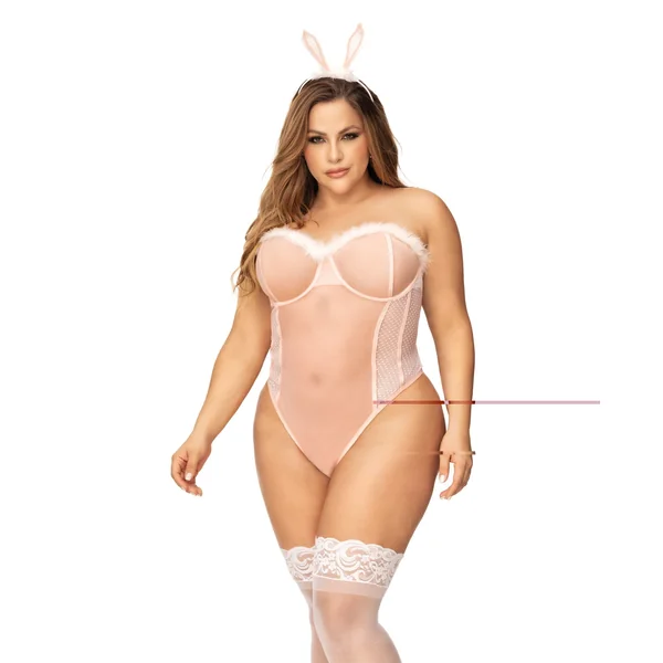 Sexy Bunny Underwire Bodysuit W/lace Up Back & Head Piece Pink