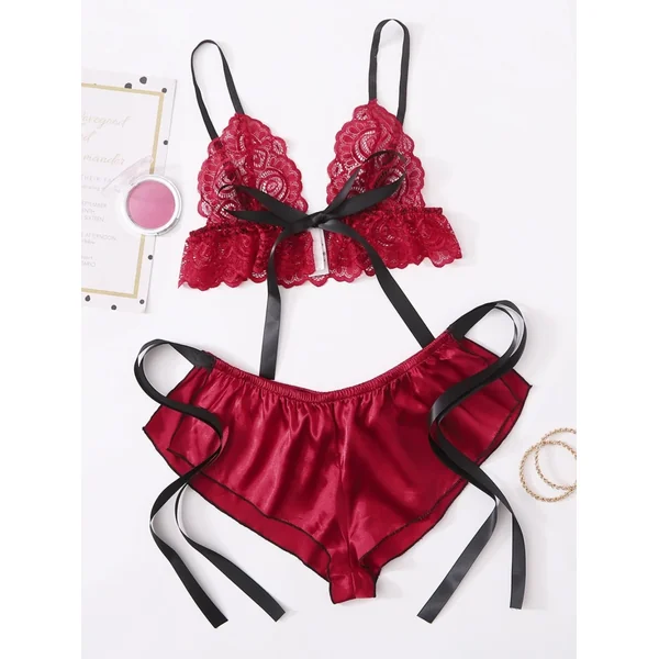 Sexy Lace Satin Tied Bra and Panty Lingerie Set