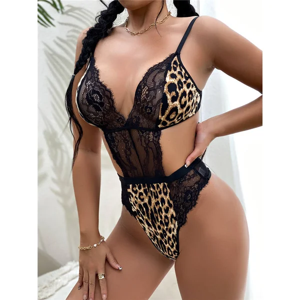 Sexy Leopard Print Lace Stitching Teddy Without Underwire