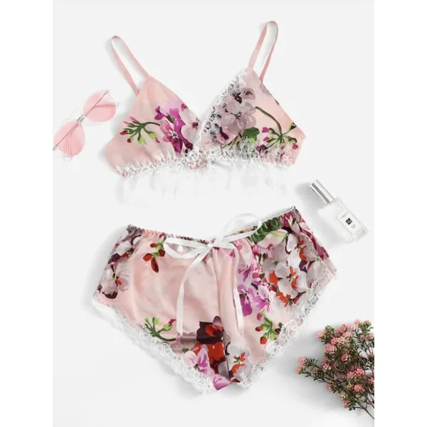 Sexy Two Piece Floral Bra and Shorts Lingerie Set