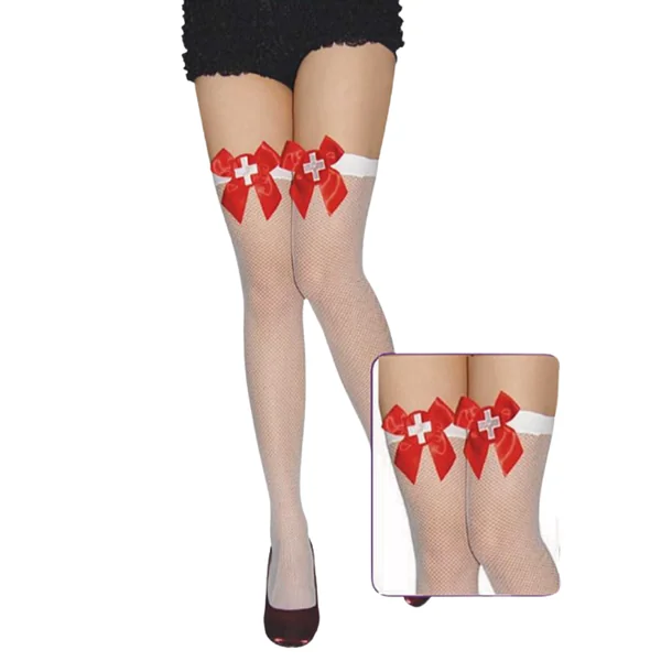 Sexy White Mesh Bow Tie Nurse Long Stockings