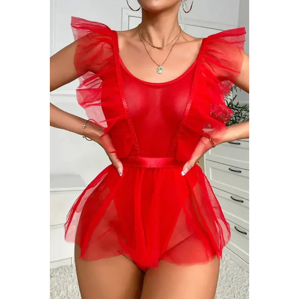 Sheer Ruffle Mesh Babydoll Teddy Set