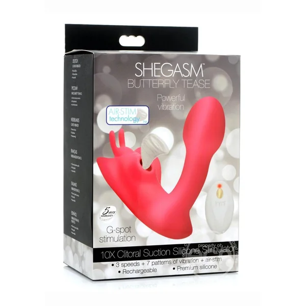 Shegasm Butterfy Tease Rechargeable Silicone 10X Clitoral Suction - Pink