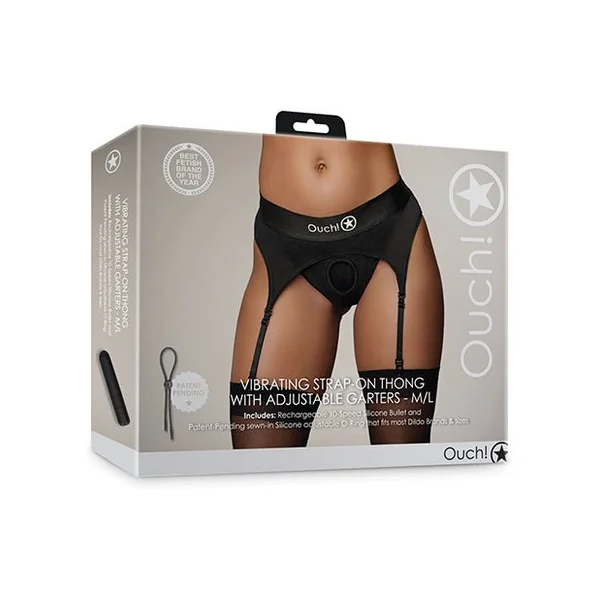 Shots Ouch Vibrating Strap On Thong w/Adjustable Garters - Black M/L