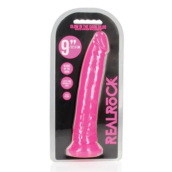 Shots RealRock 9" Slim Dildo Glow in the Dark - Neon Pink