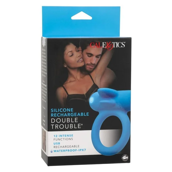 Silicone Rechargeable Double Trouble Cock Ring - Blue
