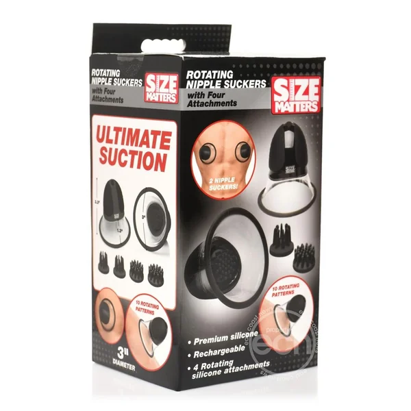 Size Matters 10X Rotating Rechargeable Silicone Nipple Suckers with 4 Attachments - Black/Clear