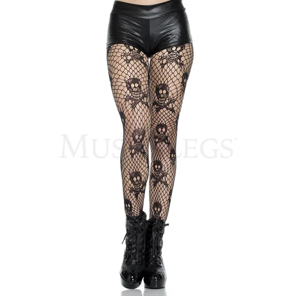 Skull and crossbones pattern fishnet pantyhose