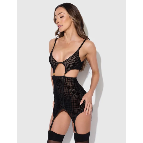 Snake Velvet-Burnout Mesh Chemise & G-String Set - Black LG
