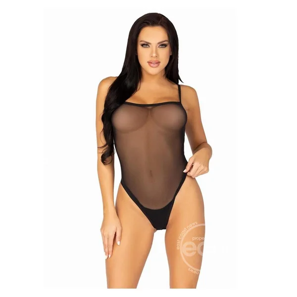 Snap Crotch Mesh Cami Bodysuit with Adjustable Straps and Thong Back - Small/Medium - Black