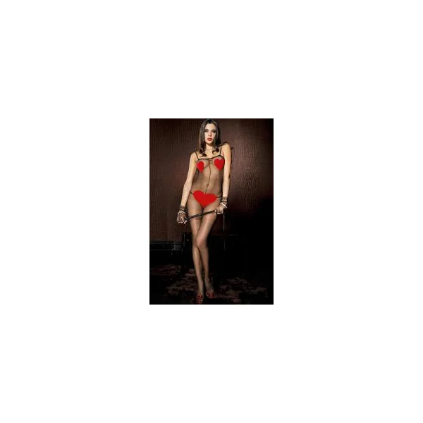 Spandex sheer crotchless bodystocking with opaque red heart details