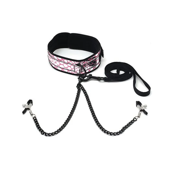Spartacus Faux Leather Collar & Leash W/black Nipple Clamps