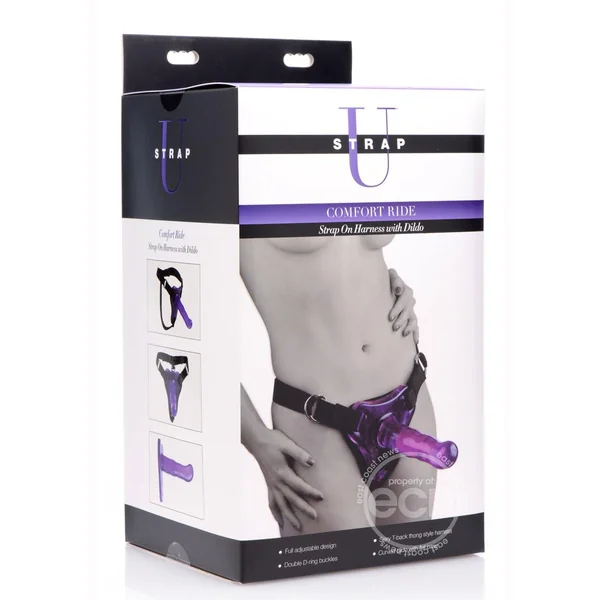 Strap U Comfort Ride Black Strap On Harness with Purple 7in Dildo