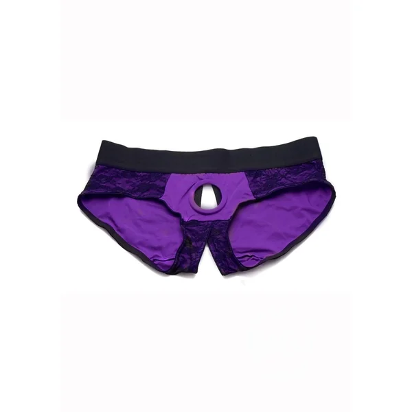 Strap U Lace Envy Lace Crotchless Panty Harness - Purple/Black