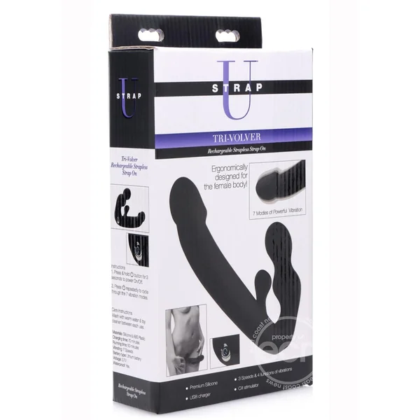 Strap U Tri-Volver Rechargeable Silicone Strapless Strap On - Black