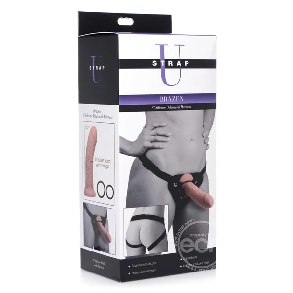 Strap-U Brazen Silicone Dildo with Harness 8in - Vanilla