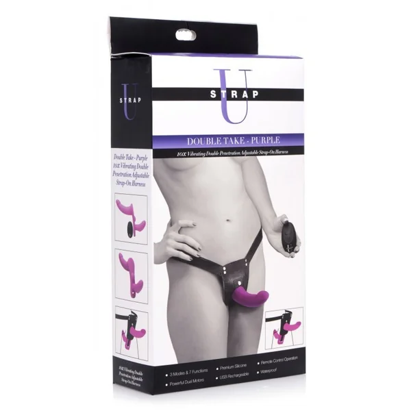 Strap-U Double Take 10X Vibrating Dp Strap-On - Purple