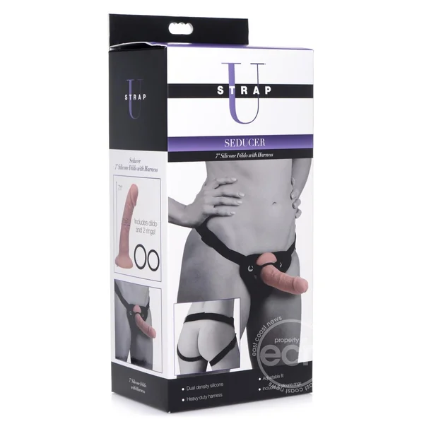 Strap-U Seducer Silicone Dildo with Harness 7in - Vanilla