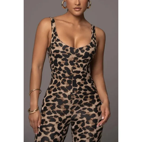 Stretch Leopard Low-Cut Skinny Jumpsuit
