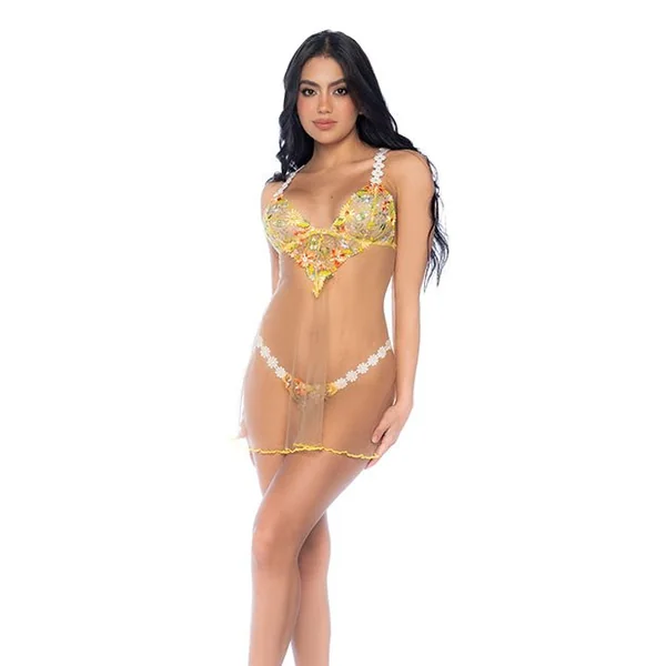 Sunlit Bliss Mesh and Lace Babydoll w/Thong 2 pc Set - Yellow S/M