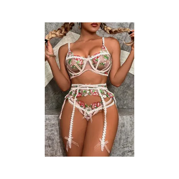 Sweetest Floral Bra, G-String, Garter Set