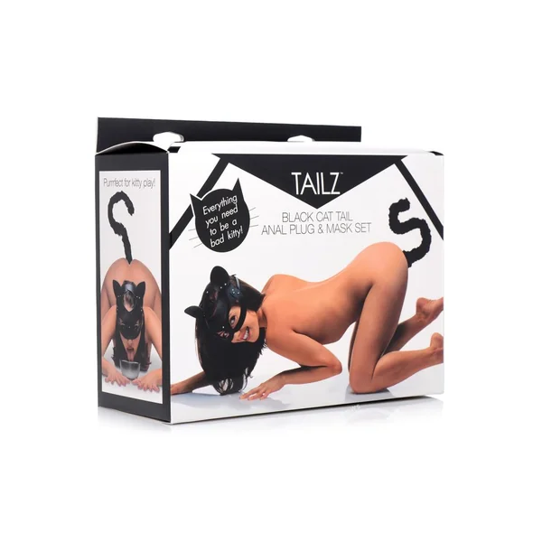 Tailz Black Cat Tail Anal Plug & Mask Set - Black