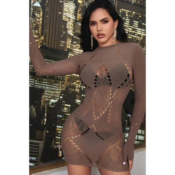 Taupe Sexy Long Sleeves Bodystocking Mini Dress