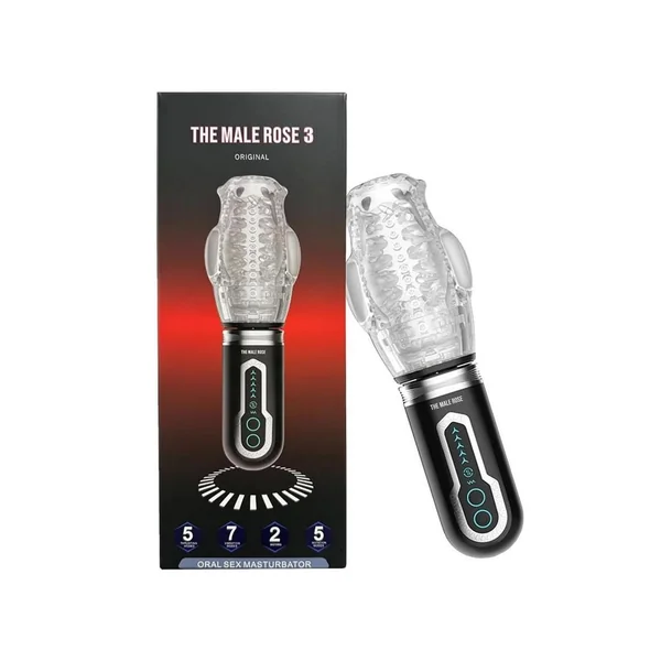 The Male Rose 3 Rechargeable Thrusting Rotating Masturbator - Black/Clear