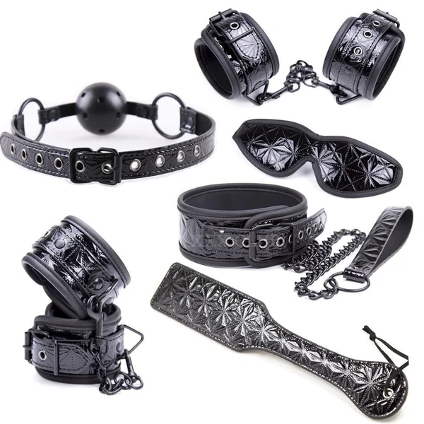 Thierry Crimson/black Tied Ultimate Bondage Kit,blindfold, ball gag, collar, wrist and ankle cuffs, paddle spanking sex toys