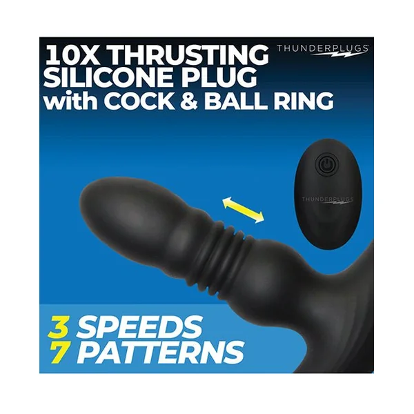 ThunderPlugs 10X Thrusting Silicone Vibrator w/Cock & Ball Strap & Remote - Black