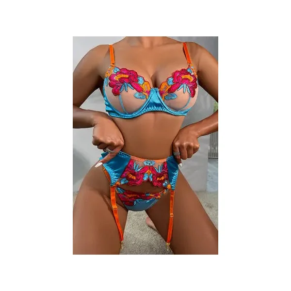Tropical Floral Dreams Bra, Thong and Garter Set