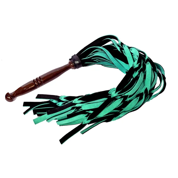 TWO-TONED BRAIDED LEATHER FLOGGER WITH WOOD HANDLE