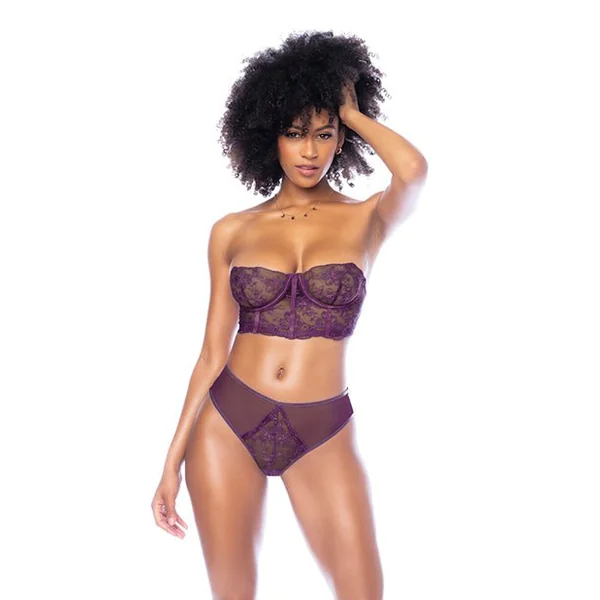 Underwire Bustier w/Removable Straps & High Waisted Thong 2 pc Set - Mulberry