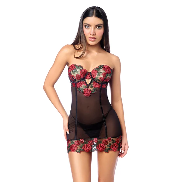 Untamed Floral Embroidered Underwire Babydoll w/Back Lace Up Detail & G-String - Black/Red LG