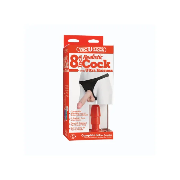 Vac-U-Lock - 8 Inch Classic Dong - With Ultra Harness White