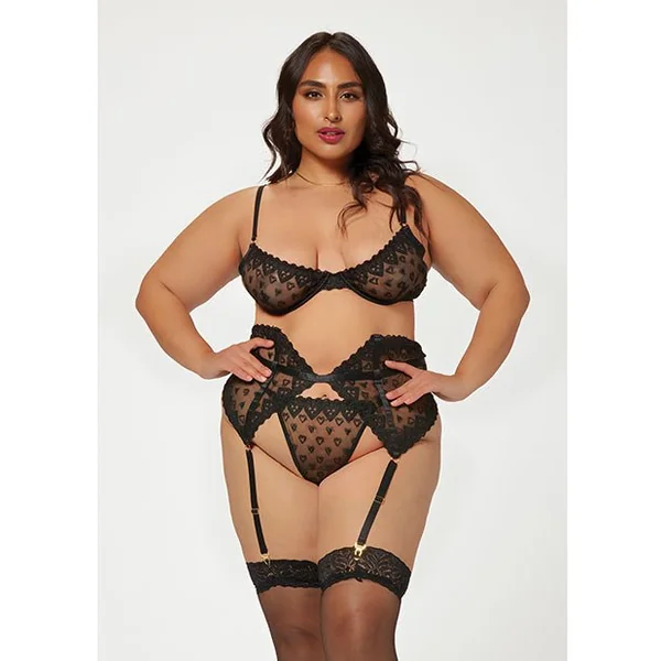 Valentines Heart Embroidered Mesh Bra, Waspie & Panty Black