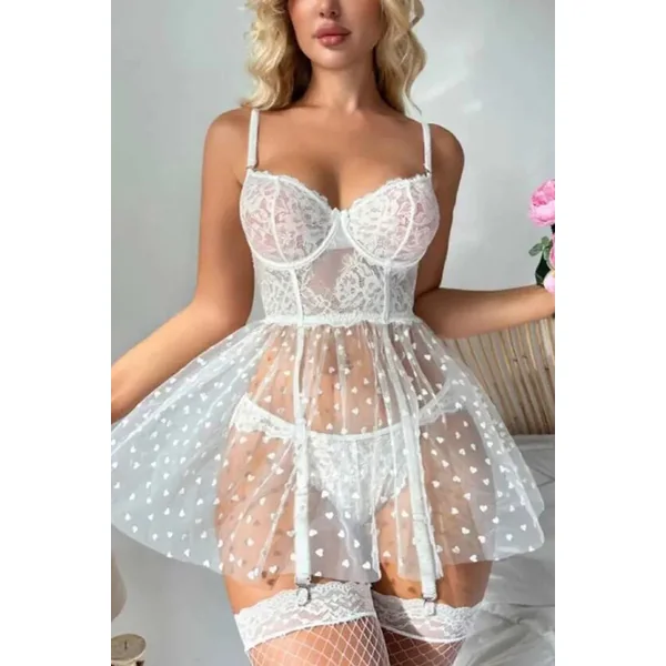 White Enchanting Heart and Lace Babydoll