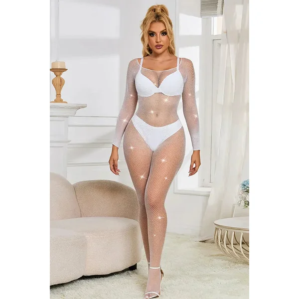 White Goddess Off-The-Shoulder Crotchless Bodystocking