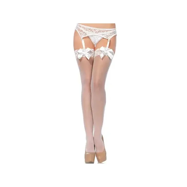 White Lace Top Thigh High Stockings with Bow