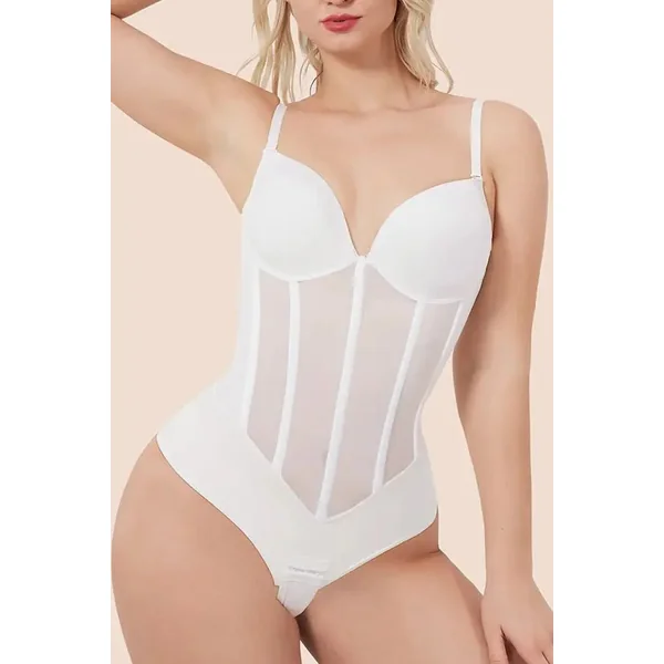 White Plunge Backless Bodysuit Shaper With Built-In Bra And Velvet Boned Corset