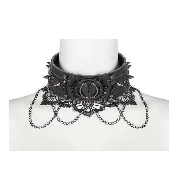 WIDE BAND GOTHIC COLLAR WITH SPIKES, CHAIN AND LACE