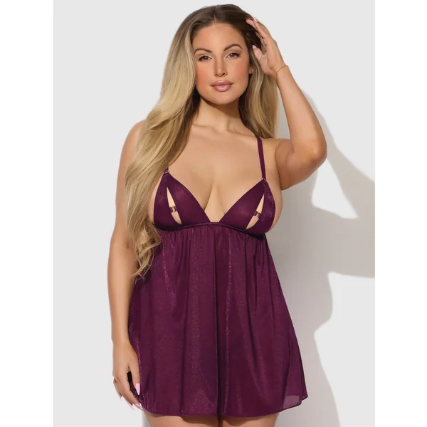 Yasmine Shimmer Mesh O-Ring Slit Cup Babydoll & G-String Set - Burgundy SM
